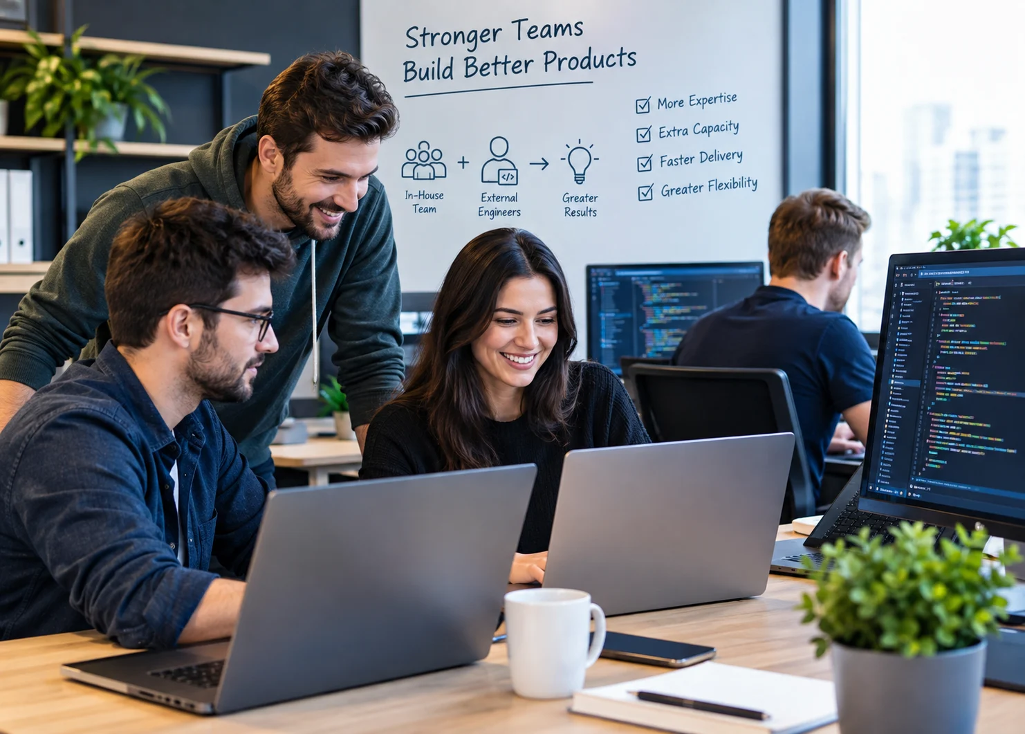 Modern software development team collaborating in a technology office, with in-house developers and external engineers working together on laptops and digital screens. The workspace highlights teamwork, technical expertise, flexible engineering support, faster delivery, and stronger development capabilities for growing businesses.